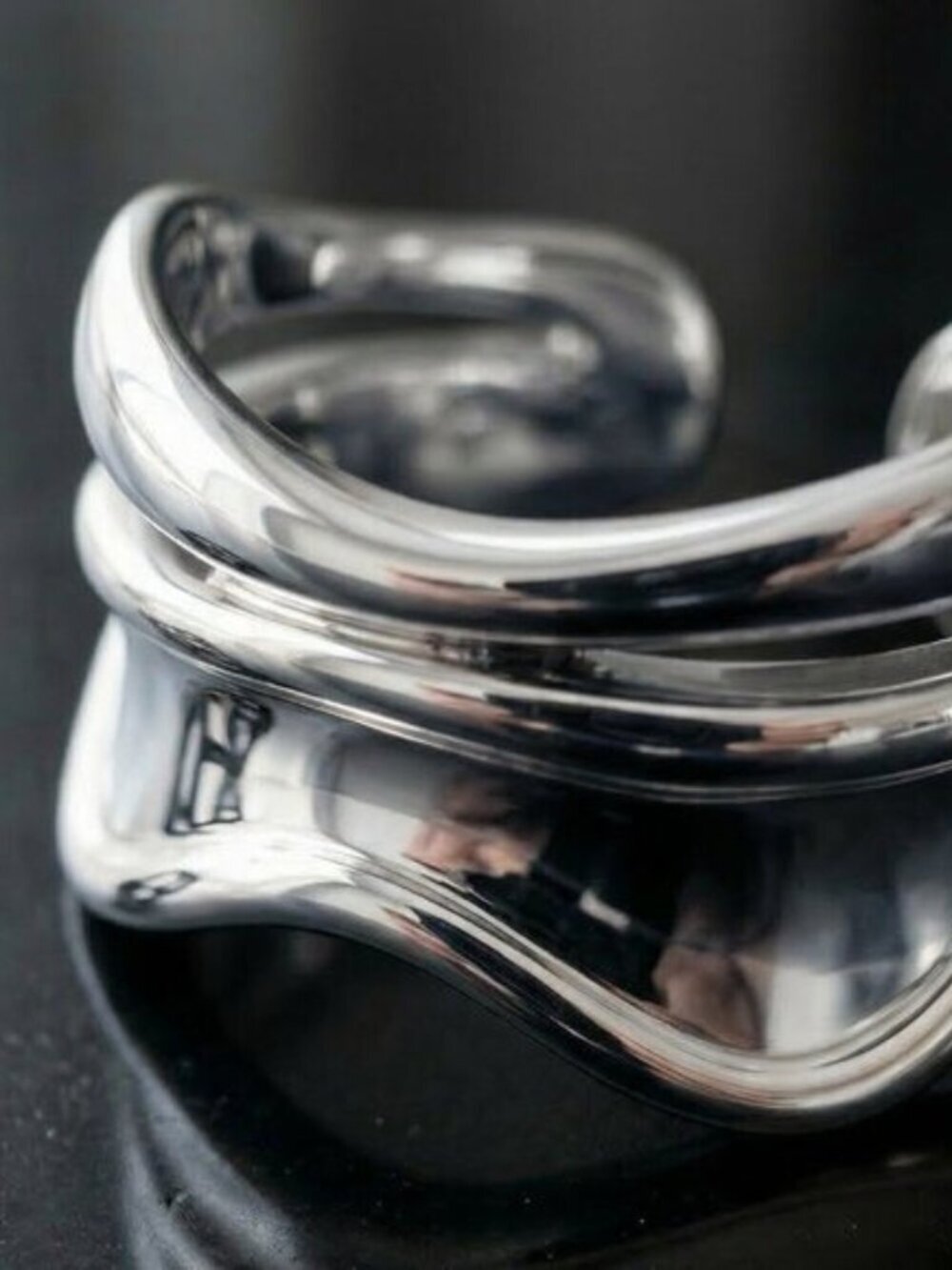 18K White Gold Plated Stainless Steel Open Wave Ring Minimalist Adjustable 7-9 - Picture 7 of 14